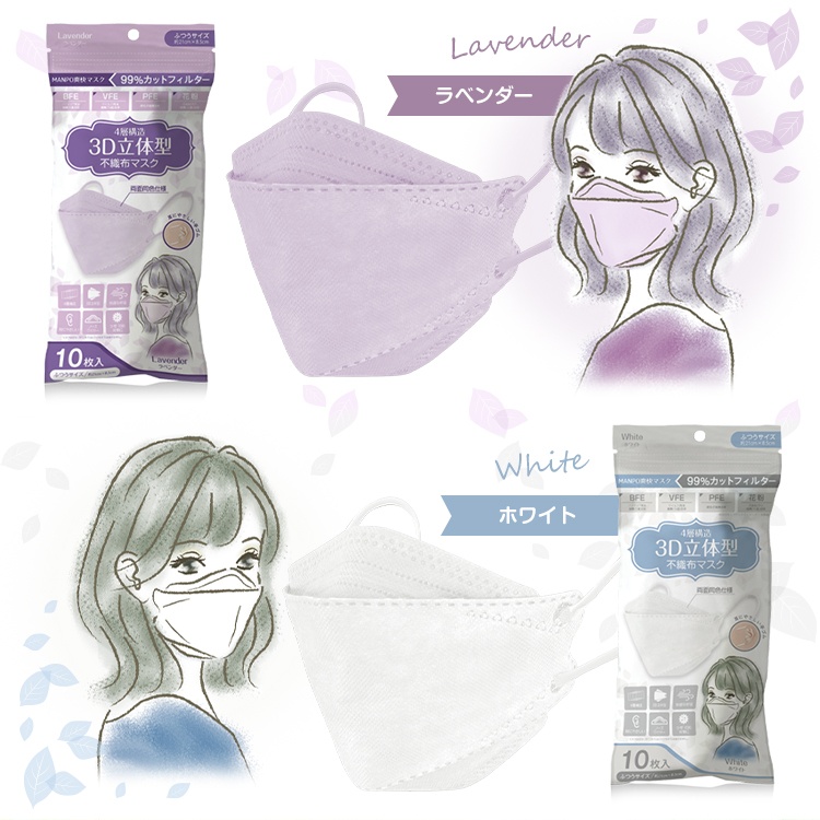 マスク 使い捨て 不織布 10枚 4層 血色 カラー 99%カット 大人 花粉 風邪 個別