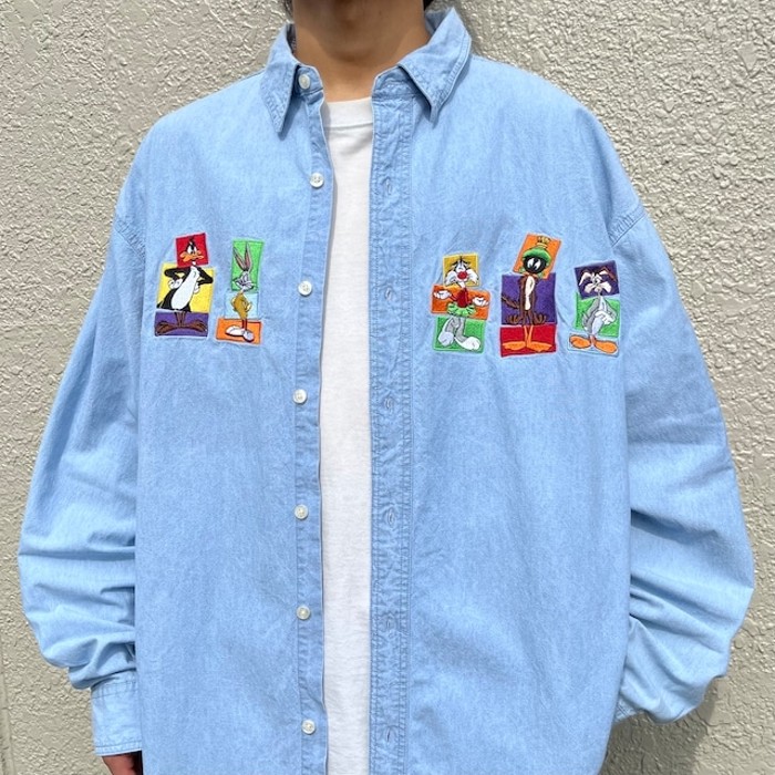 90s ワーナーブラザーズ デニムシャツ キャラクター 刺繍 XL