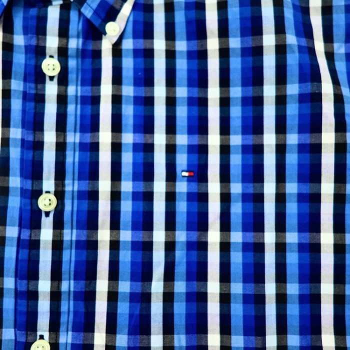 TOMMY HILFIGER ボタンダウンシャツ M ブルー フラッグ刺繍 チェック | Vintage.City 古着屋、古着コーデ情報を発信