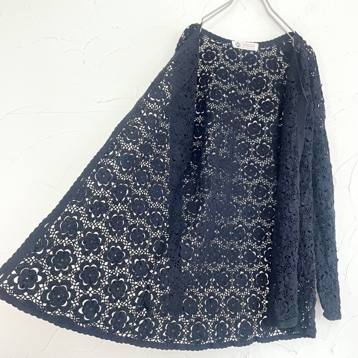 Black crochet hand knit cardigan | Vintage.City 빈티지숍, 빈티지 코디 정보