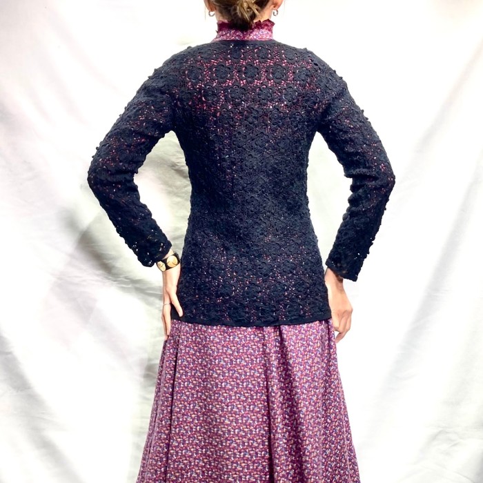 Black crochet hand knit cardigan | Vintage.City 빈티지숍, 빈티지 코디 정보