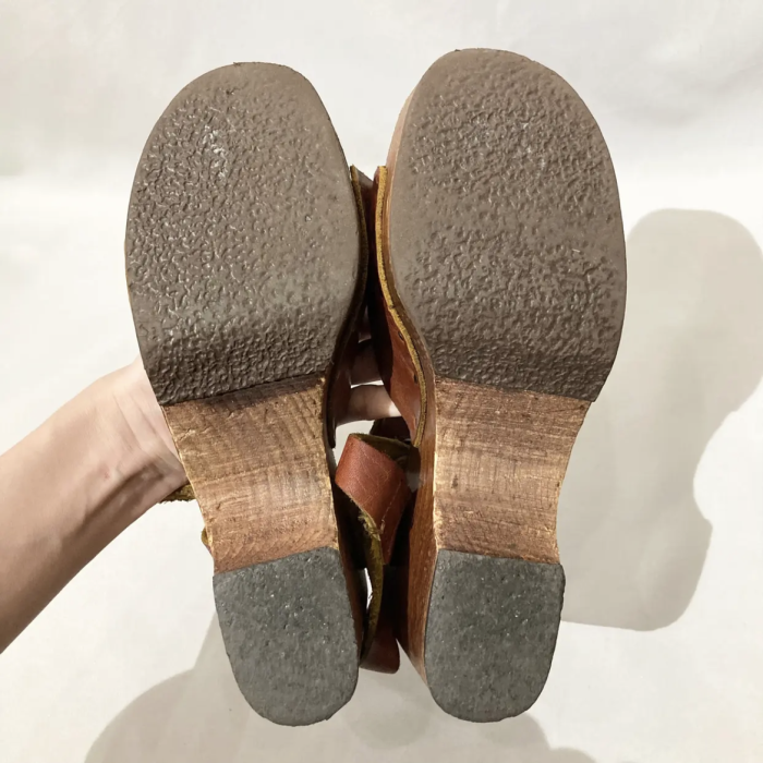 brown leather strap wood sole sandals | Vintage.City 빈티지숍, 빈티지 코디 정보