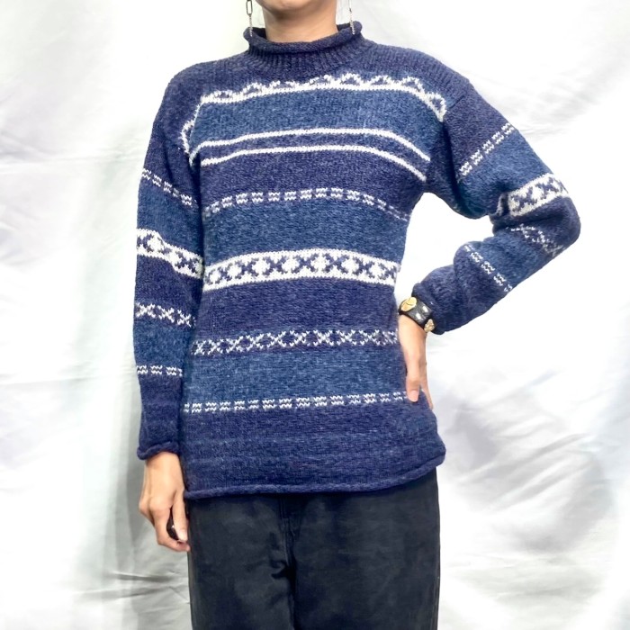Navy blue nordic border rollneck knit | Vintage.City Vintage Shops, Vintage Fashion Trends