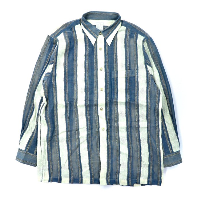 COSTA BRIN ストライプシャツ XL ブルー リネン 刺繍 ビッグサイズ | Vintage.City 古着屋、古着コーデ情報を発信