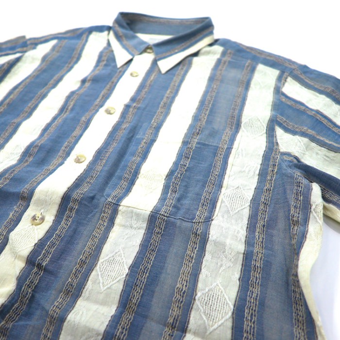 COSTA BRIN ストライプシャツ XL ブルー リネン 刺繍 ビッグサイズ | Vintage.City 古着屋、古着コーデ情報を発信