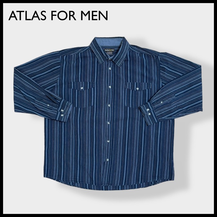 【ATLAS FOR MEN】長袖シャツ カジュアルシャツ ストライプ ブルー ネイビー 柄シャツ コットン 3XL ビッグサイズ US古着 | Vintage.City 古着屋、古着コーデ情報を発信