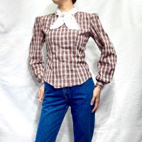 Red plaid white lace collar puff sleeve blouse | Vintage.City ヴィンテージ 古着