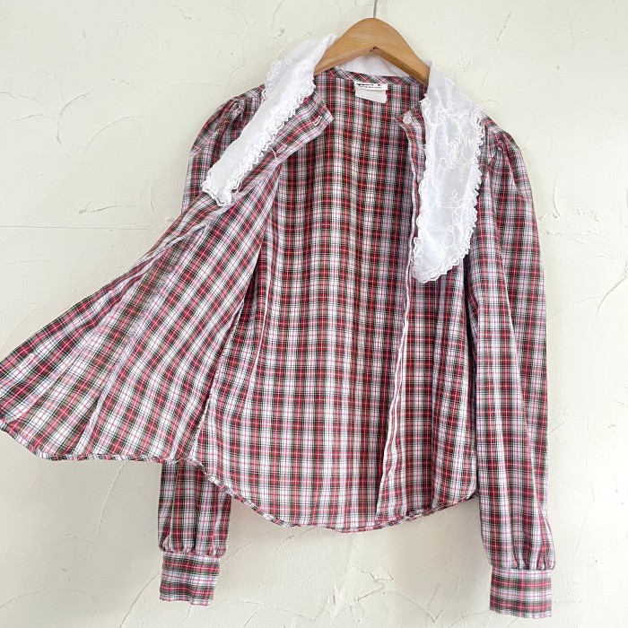 Red plaid white lace collar puff sleeve blouse | Vintage.City 古着屋、古着コーデ情報を発信