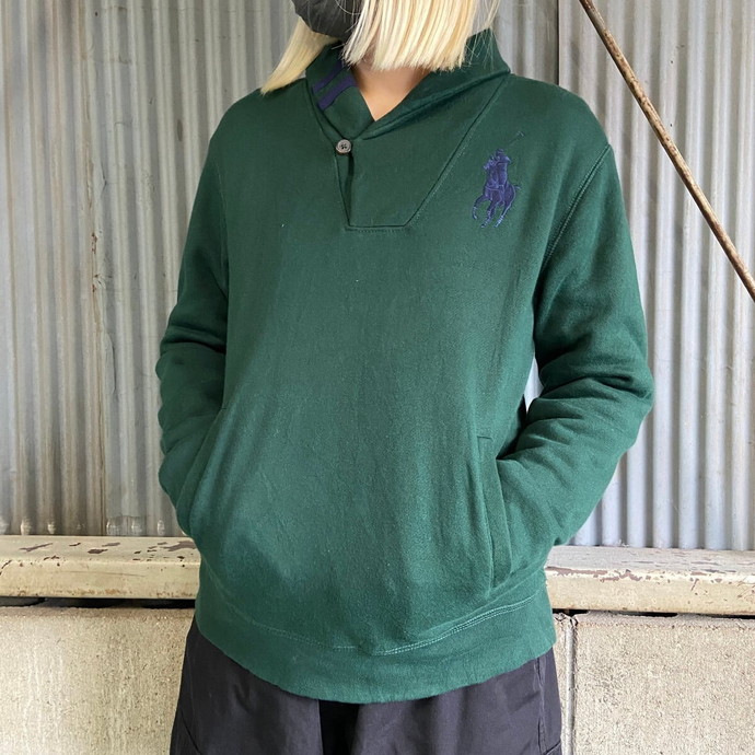 【ラルフローレン】90s 刺繍ロゴ ショールカラー ルーズ スウェット 紺 XL