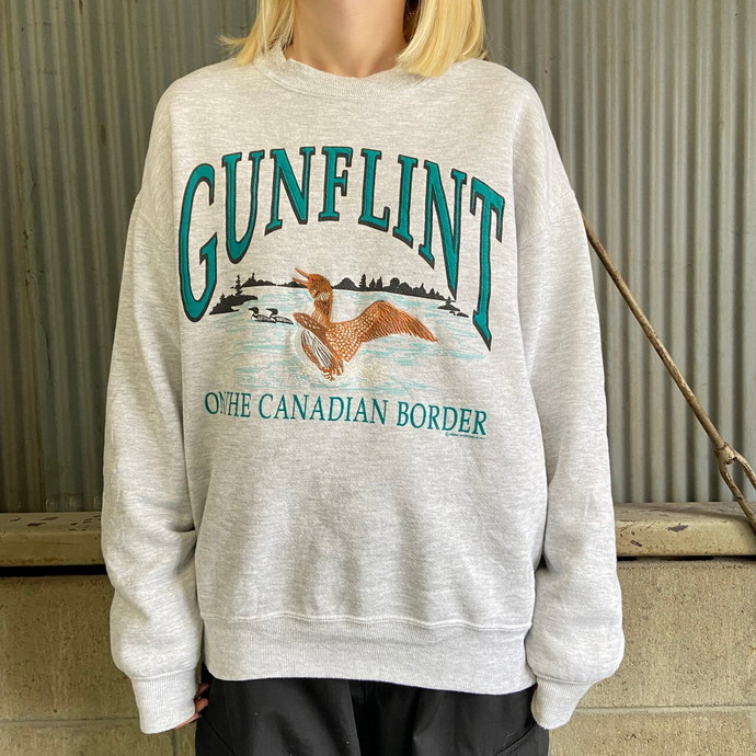 90年代 GUNFLINT カモ 刺繍 アニマルデザインスウェットシャツ メンズL