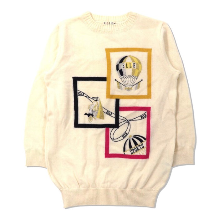 ELLE SPORTS ニットセーター 38 ホワイト ウール レトロ刺繍 90年代
