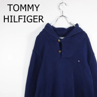トミーヒルフィガー ニット L ネイビー ショールカラー ボタン 刺繍ロゴ 紺 | Vintage.City 古着屋、古着コーデ情報を発信