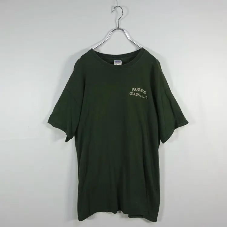 半袖Tシャツ 企業ロゴ L モスグリーン 刺繍ロゴ クルーネック 胸ロゴ 深緑