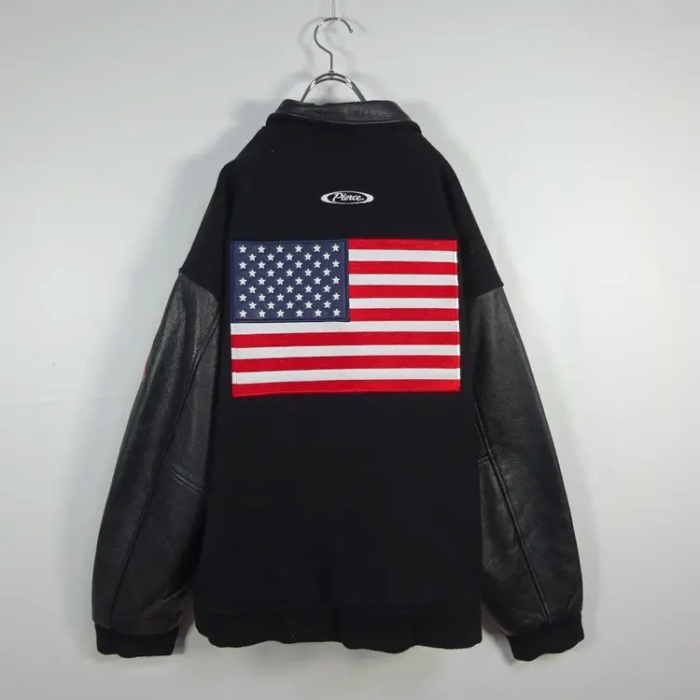 スタジャン L ブラック USA製 星条旗 バックロゴ 袖ロゴ 異素材 ポケット-