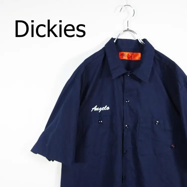 ディッキーズ ワークシャツ XL ネイビー 半袖 刺繍ロゴ 胸ポケット 襟付き