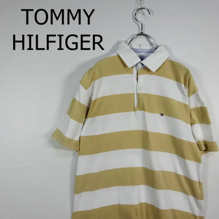 トミーヒルフィガー ポロシャツ M ベージュ ホワイト ボーダー 半袖 刺繍ロゴ | Vintage.City 빈티지숍, 빈티지 코디 정보