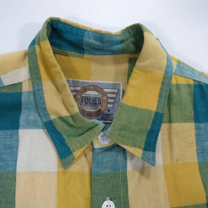 FOLIES 長袖シャツ イエロー グリーン 日本製 チェック 胸ポケット 黄色 | Vintage.City 古着屋、古着コーデ情報を発信