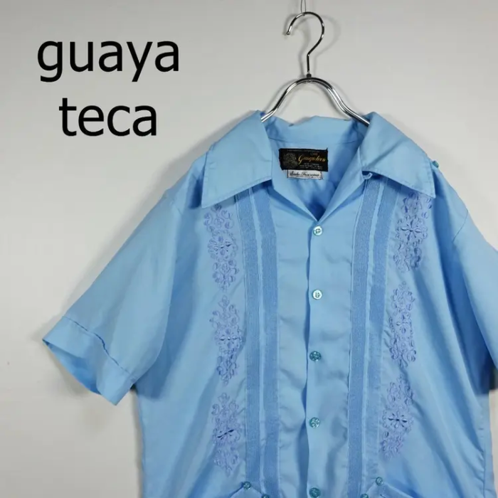 キューバシャツ 水色 刺繍 ボタン 半袖シャツ 開襟シャツ guaya teca 