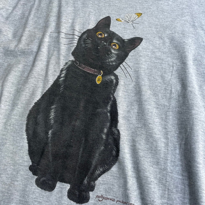 90年代 アイルランド製 黒猫 モンシロチョウ アニマルプリントTシャツ