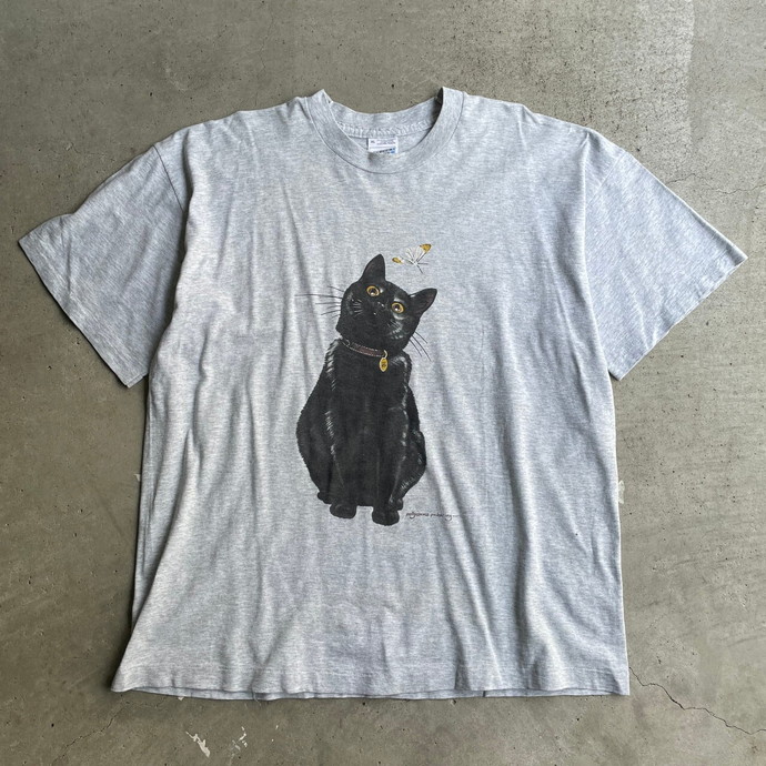 90年代 アイルランド製 黒猫 モンシロチョウ アニマルプリントTシャツ