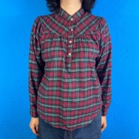 70s Sears Red and Green Checked Collarless Blouse /  Vintage ヴィンテージ 古着 シアーズ 赤 チェック カントリー ノーカラー  シャツ ブラウス | Vintage.City 빈티지숍, 빈티지 코디 정보