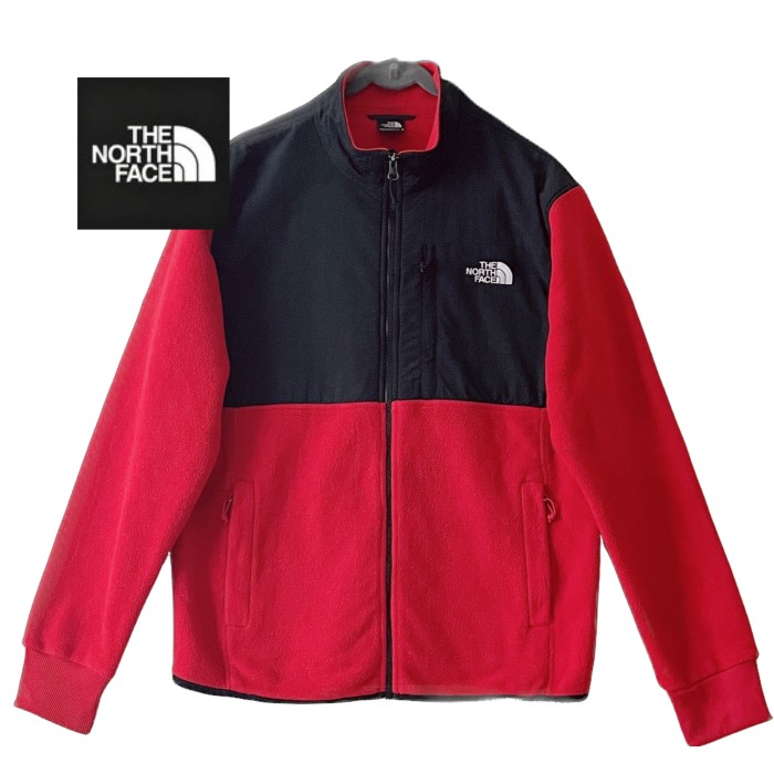 US規格ザノースフェイスデナリフリースジャケット刺繍ロゴM黒×赤
