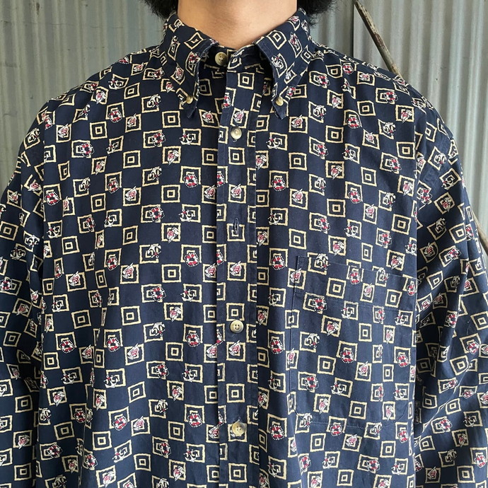 【大人気☆】90s ノーティカ 長袖BDシャツ 無地 船刺繍 ネイビー XL