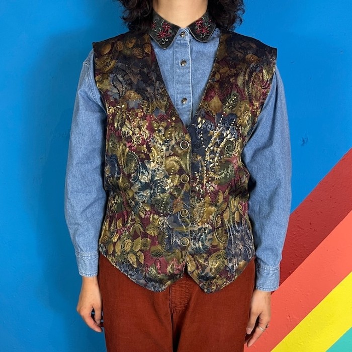 80s Flower and Denim Design Vest / Made In USA Vintage 