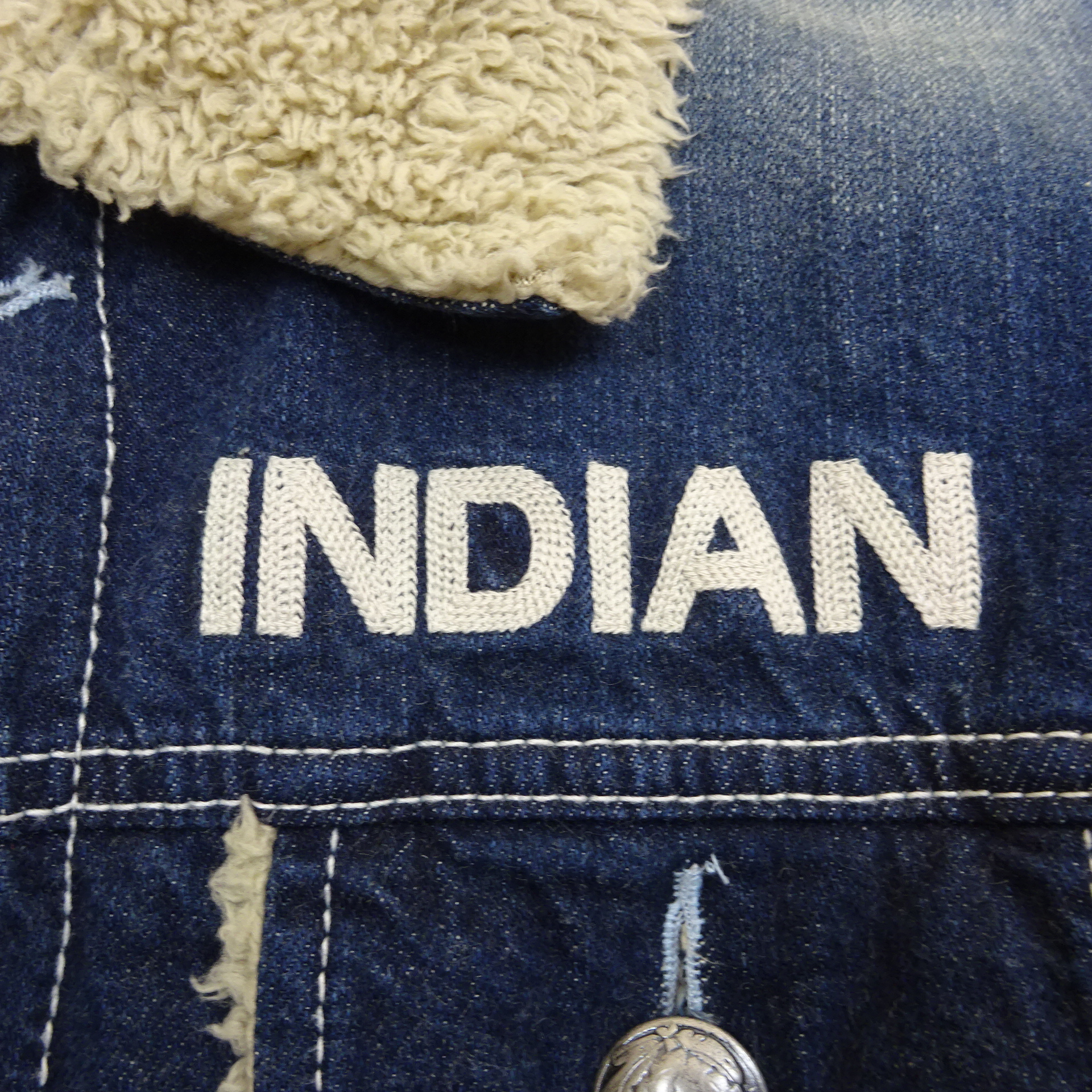 インディアン デニムジャケット Ｍ ネイビー ベージュ 中ボア 刺繍ロゴ 