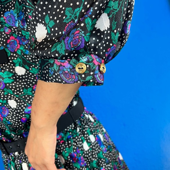 80s Flower Dot Pattern Shiny Dress | Vintage.City 古着屋、古着コーデ情報を発信