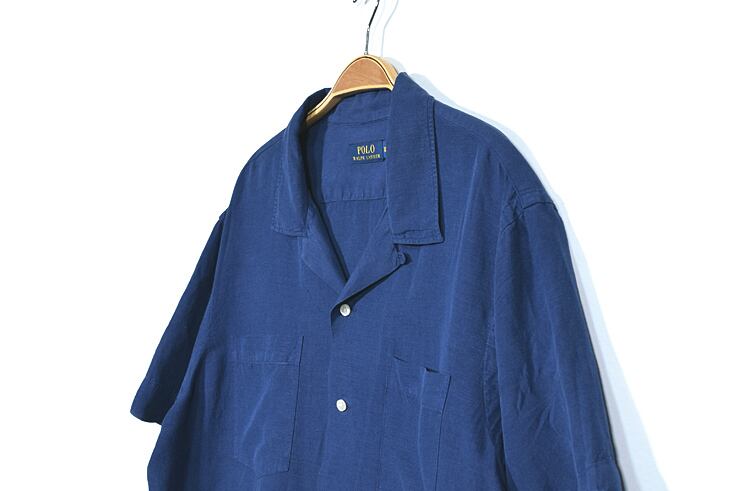 ラルフローレン 紺 ネイビー リネンシルク 裾ポニー オープンカラー 半袖シャツ