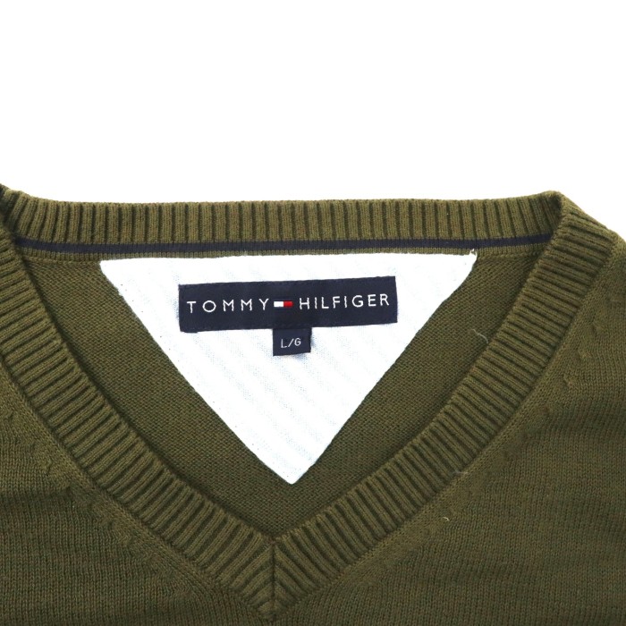 TOMMY HILFIGER Vネックニット セーター L カーキ コットン ワンポイントロゴ | Vintage.City 古着屋、古着コーデ情報を発信