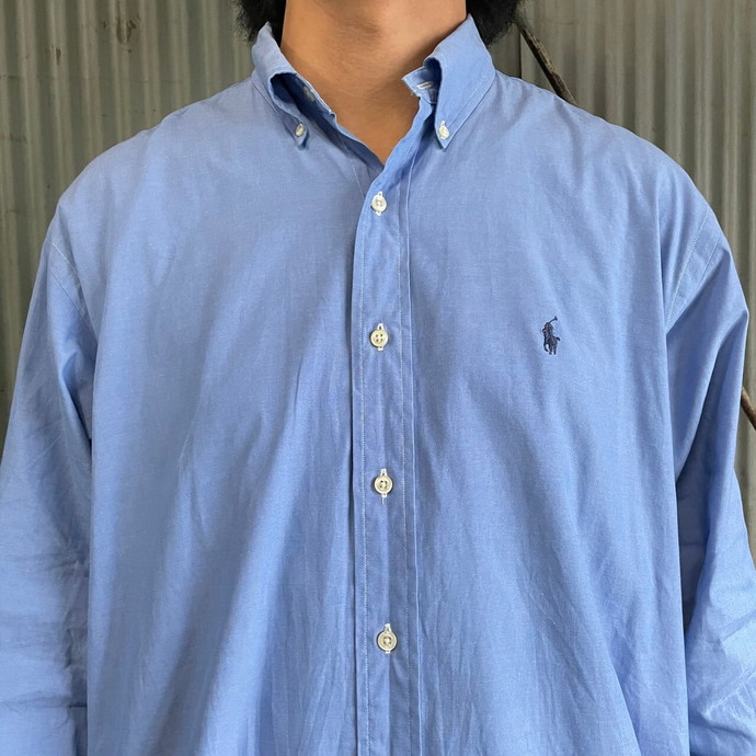 ラルフローレン ロゴ刺繍長袖BDシャツ ヘリンボーン ブルー ビッグサイズ
