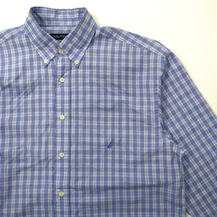 NAUTICA ビッグサイズ ボタンダウンシャツ L ブルー チェック コットン 100's TWO-PLY COTTON ワンポイントロゴ刺繍 | Vintage.City 古着屋、古着コーデ情報を発信
