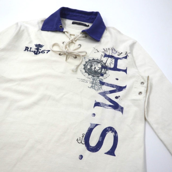 RALPH  LAUREN レースアップ ラガーシャツ  M ホワイト コットン ロゴ刺繍 マリンプリント | Vintage.City 古着屋、古着コーデ情報を発信