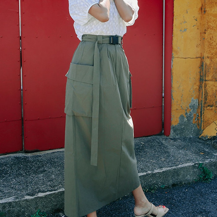 ベルト付きカーゴポケットロングスカート 全3色 Y2K 韓国 ロングスカート 春 夏 カーゴ