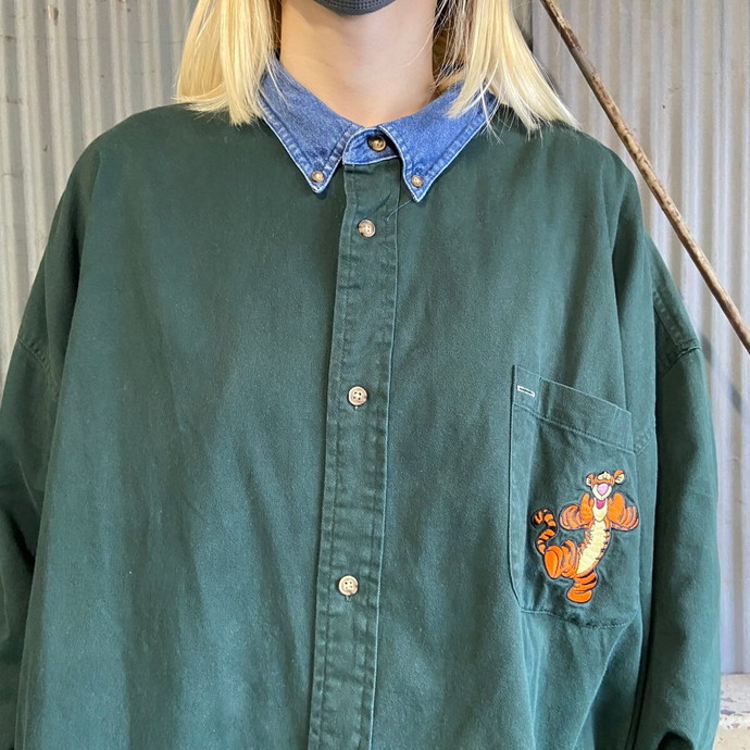 90年代 THE DISNEY CATALOG ティガー キャラクター刺繍 長袖シャツ メンズXXL
