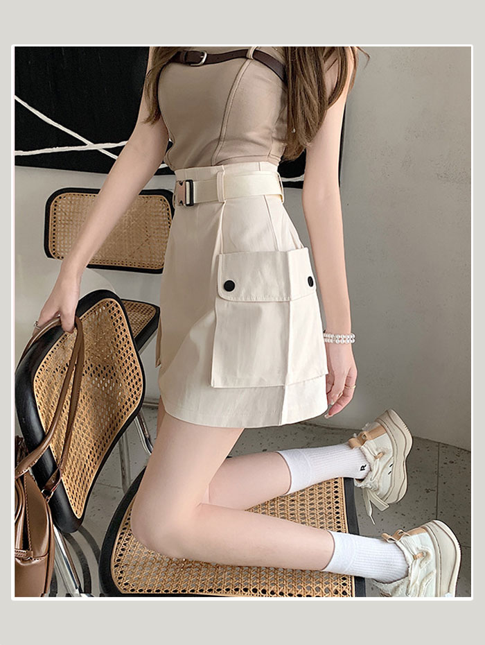 ベルト付きカーゴポケットミニスカート 全3色 Y2K 韓国 ミニスカート春 