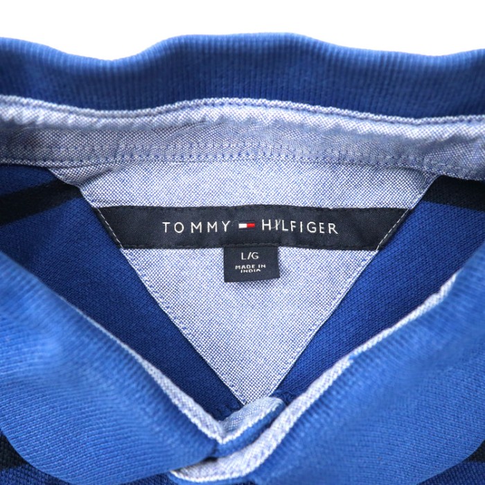 TOMMY HILFIGER ビッグサイズ 長袖ポロシャツ ラガーシャツ L ブルー ボーダー コットン フラッグロゴ刺繍 | Vintage.City 古着屋、古着コーデ情報を発信