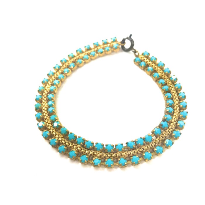 Vintage Turquoise Bracelet ターコイズ ブレスレット ゴールド ブルー ラインストーン | Vintage.City 빈티지숍, 빈티지 코디 정보