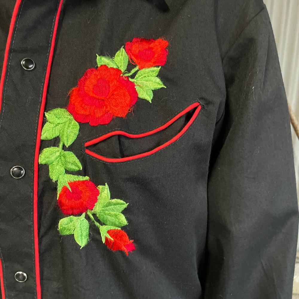 80s KARMAN 薔薇 刺繍 長袖 ウエスタン シャツ 黒 ヴィンテージ