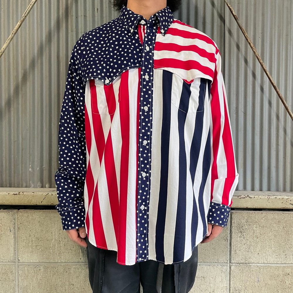 USA製 90年代 Ruddock Bros 星条旗柄 長袖 ウエスタンシャツ メンズXL