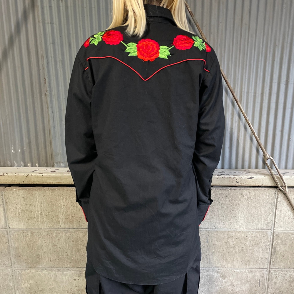 日本製 古着 花柄 薔薇 刺繍 オープンカラー BDシャツ 長袖 メンズ 白-