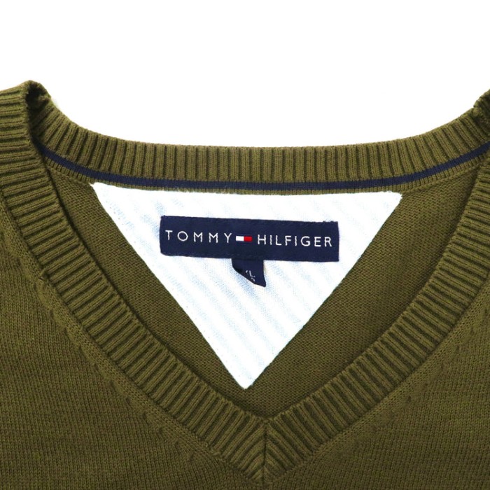 TOMMY HILFIGER Vネックニット セーター XL カーキ コットン ワンポイントロゴ ビッグサイズ | Vintage.City 古着屋、古着コーデ情報を発信