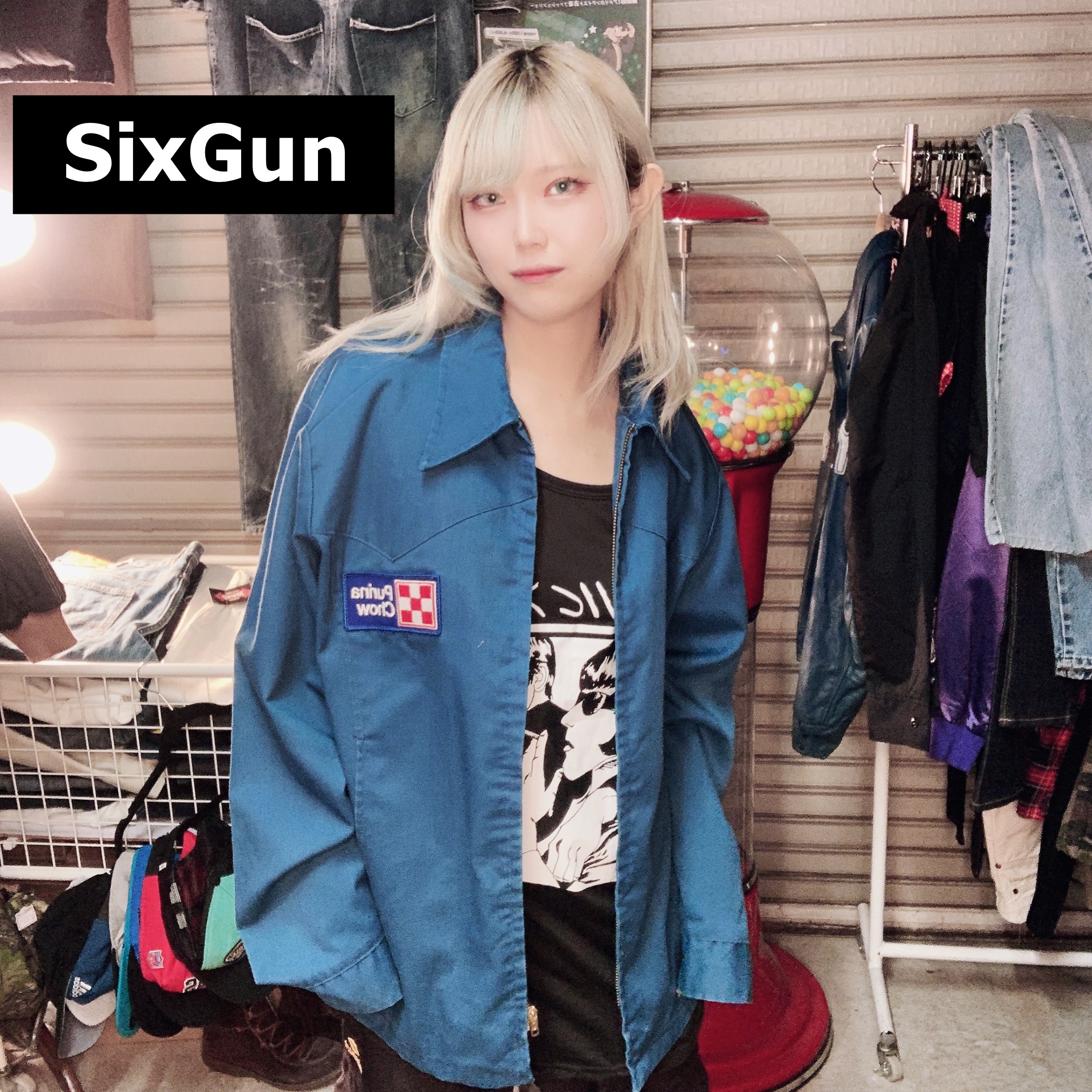 Six GUN ワークジャケットM ブルー 企業ロゴ フルジップ シャツ 長袖 ...