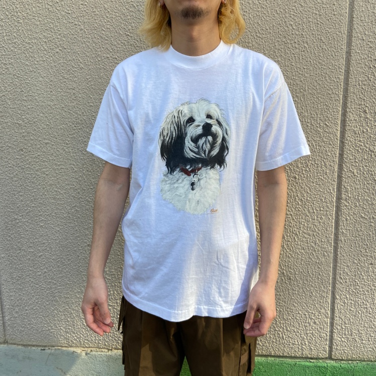 90s FRUIT OF THE LOOM ドッグプリントTシャツ 犬 白 L