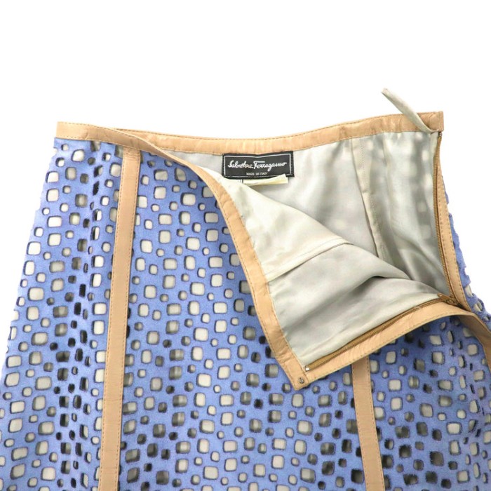 Salvatore Ferragamo パンチング レザースカート 38 ブルー ベージュ シルク オールド イタリア製 | Vintage.City 빈티지숍, 빈티지 코디 정보