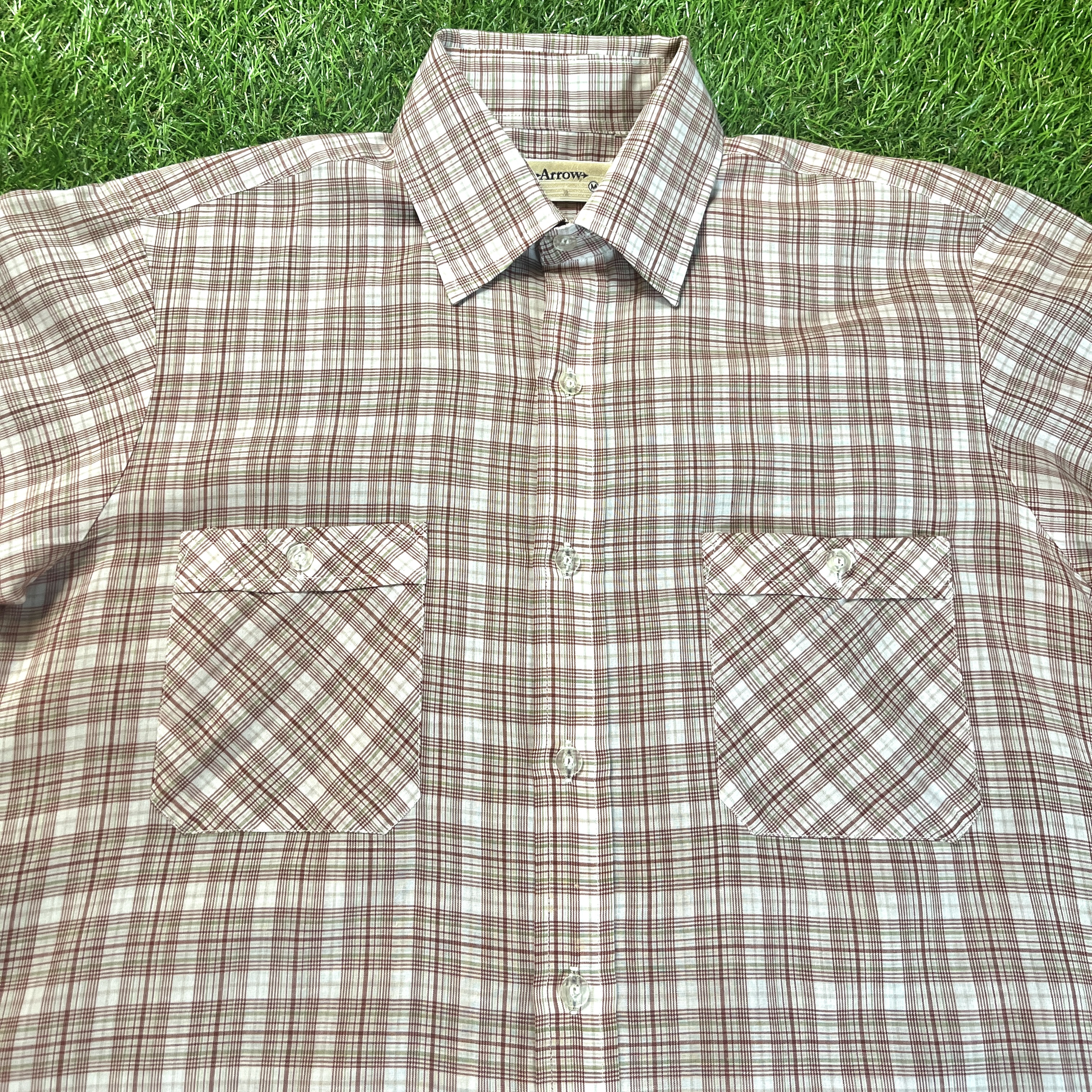 70s Arrow Checked Short Sleeve Shirt / 古着 Vintage ヴィンテージ チェック 半袖 ブラウン 緑 茶 |  Vintage.City