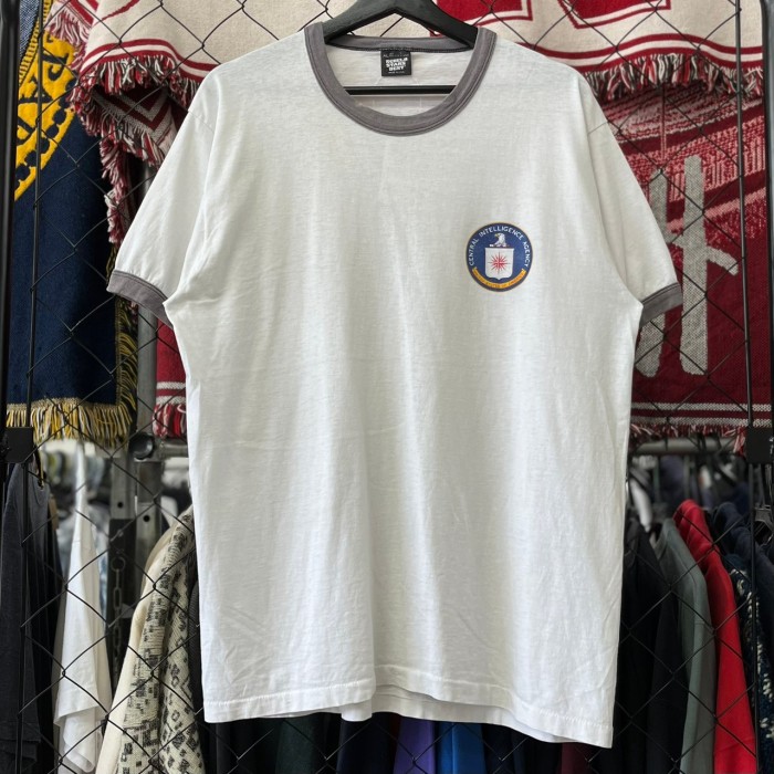90s USA製 デザイン系 リンガーTシャツ 半袖 ワンポイントロゴ XL 古着
