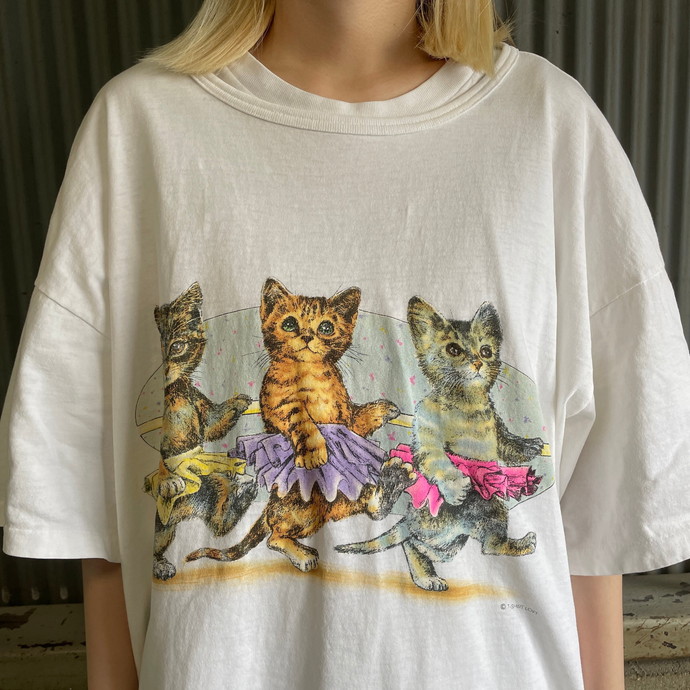 90年代 アート アニマル 猫 両面プリント ロング丈 Tシャツ 